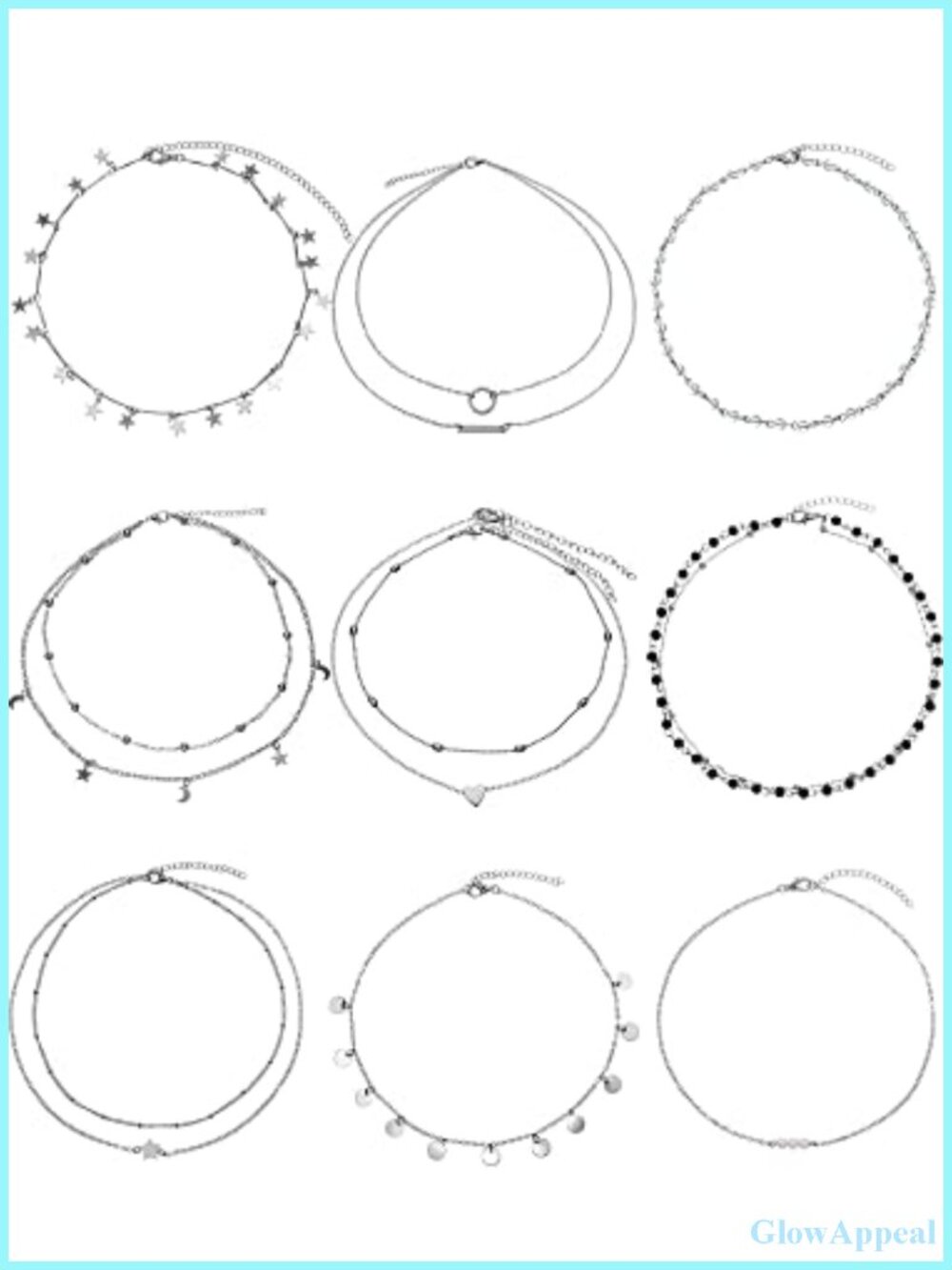 9pc Silver Layered Choker Necklace Set Adjustable Alloy Fashion Jewelry
